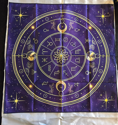 Tissu autel tarot astrologie zodiaque violet or - nappe divination oracle