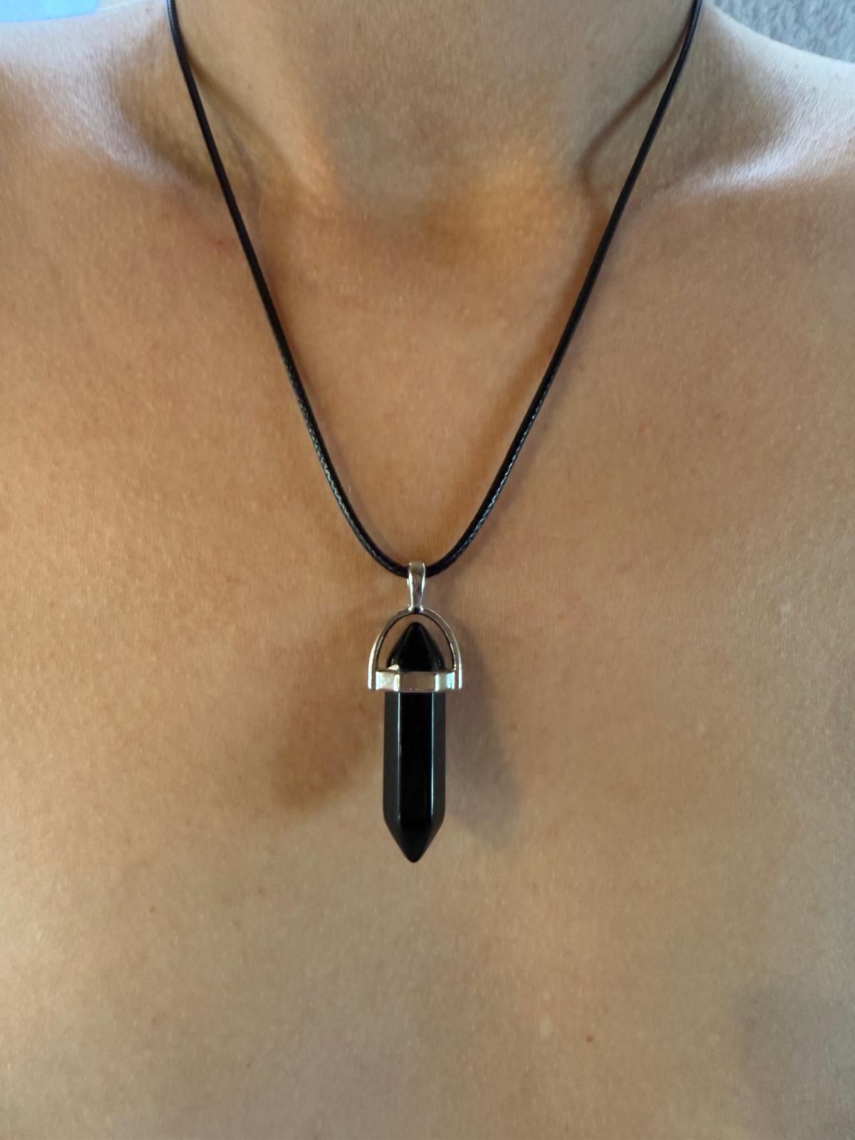 Collier pendentif pierre noire obsidienne tourmaline - protection ancrage énergétique