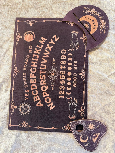 Planche ouija bois gravé mystic luna spiritisme divination communication spirituelle